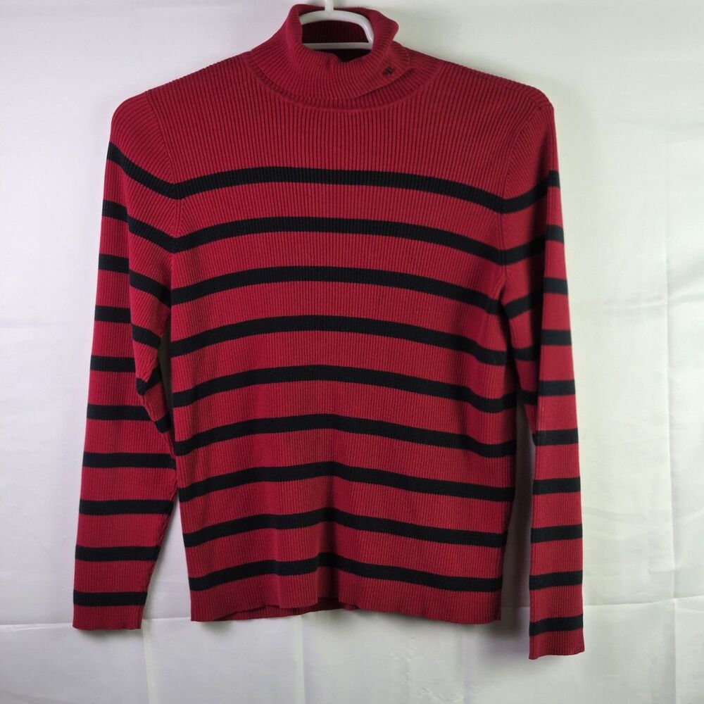 Lauren Ralph Lauren Women's XL Red‎ -Black Striped Ribb Mock Neck Sweater
